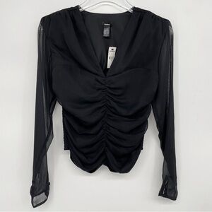 NWT‎ Express Black Ruched Pleated V-Neck Long Sleeve Sheer Sleeve Top Sz XS